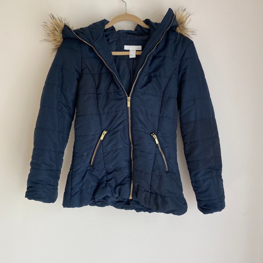 H&M Woman’s Small Winter Hooded Coat Blue With Fur Trim Lined Hood Gently Used